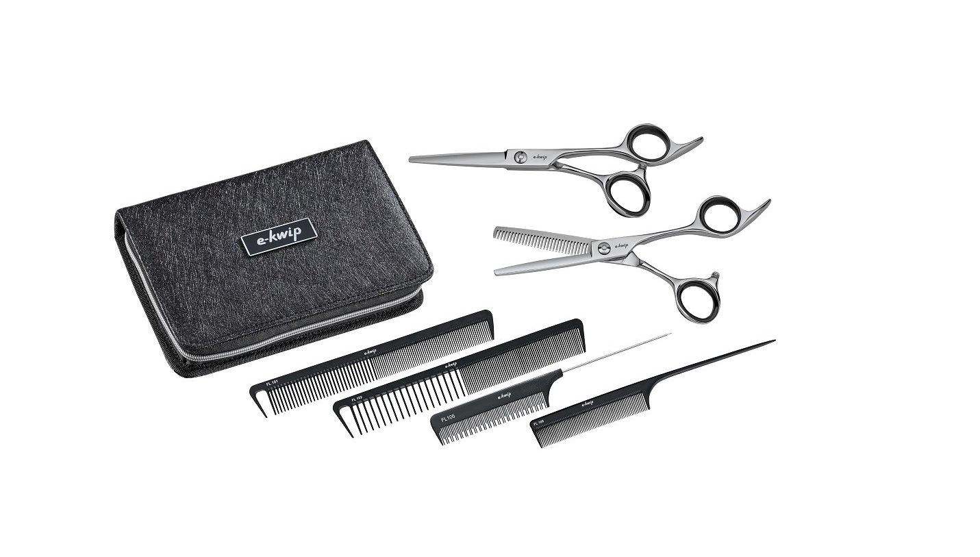 Haarschneidescherenset e-kwip Starter Set 2.0 Haarschneideschere 5.5", Modellierschere 5,5",4 Kämme, Tasche