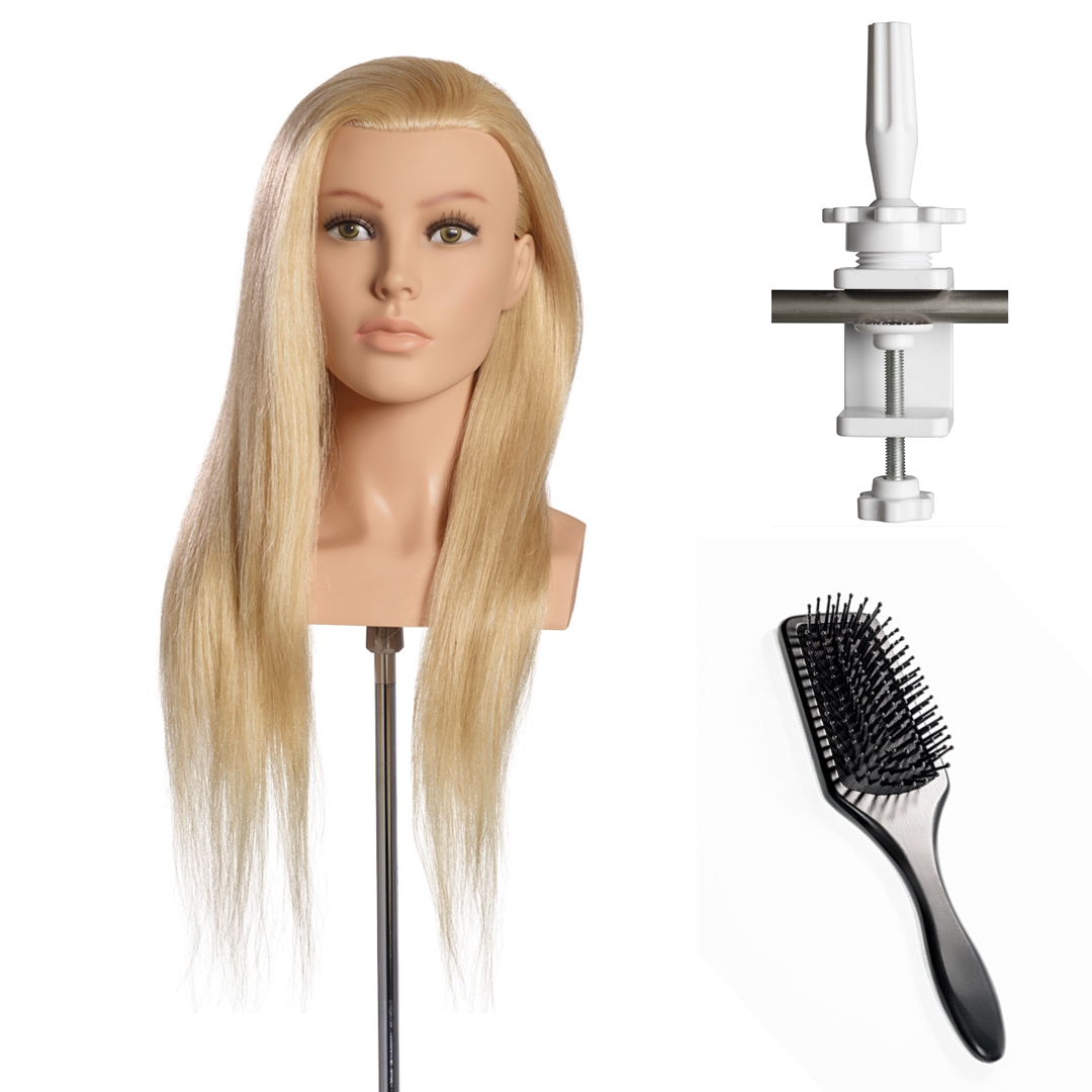 Limage_UPDO_SET_Übungskopf_LOUISA_60cm_lichtblond_mit_Stativ_Bürste